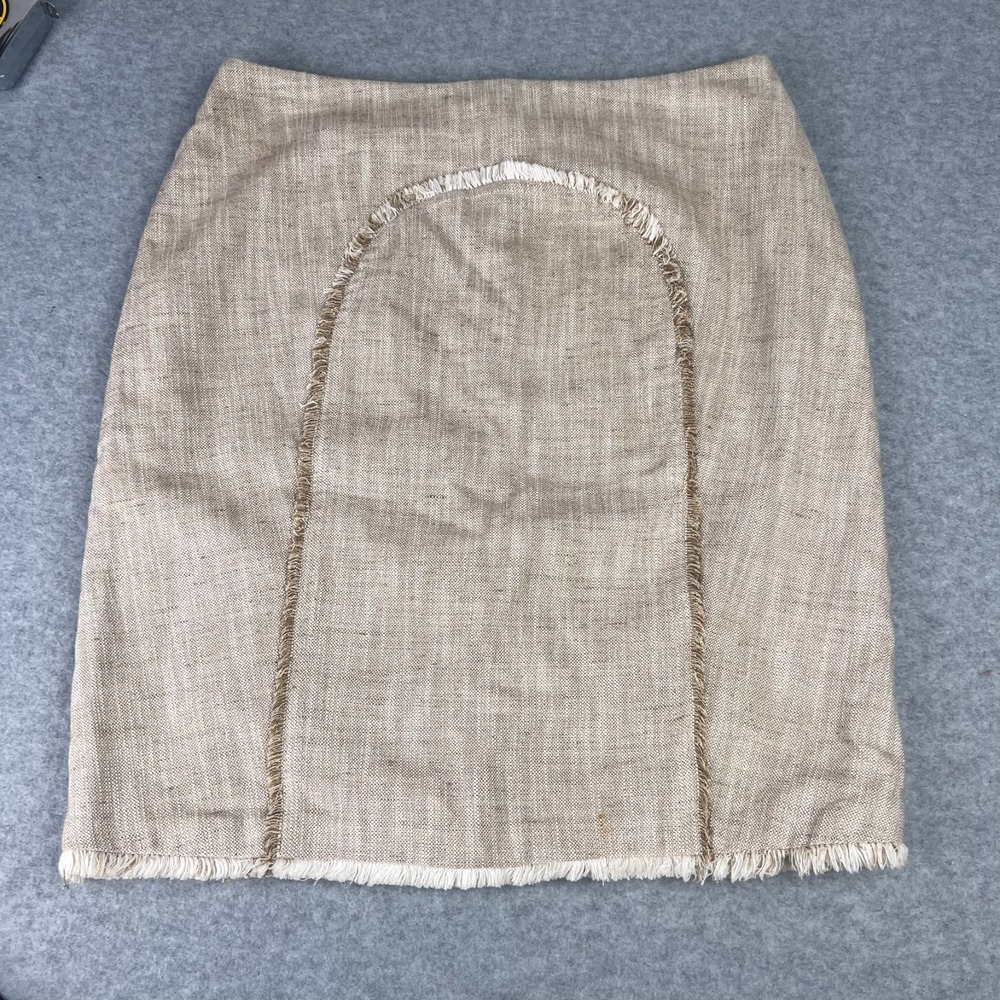 ST JOHN COUTURE Skirt Women's Size 4 Beige Tweed Fringe Pencil Knee Length